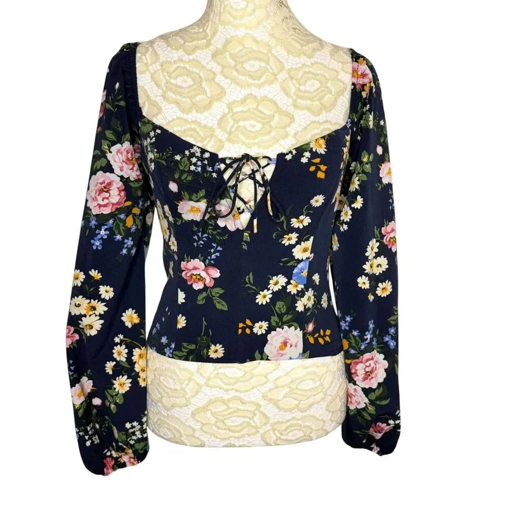 Abercrombie & Fitch Crop Top Blouse Shirt Poet Smocked Square Neck Floral XS